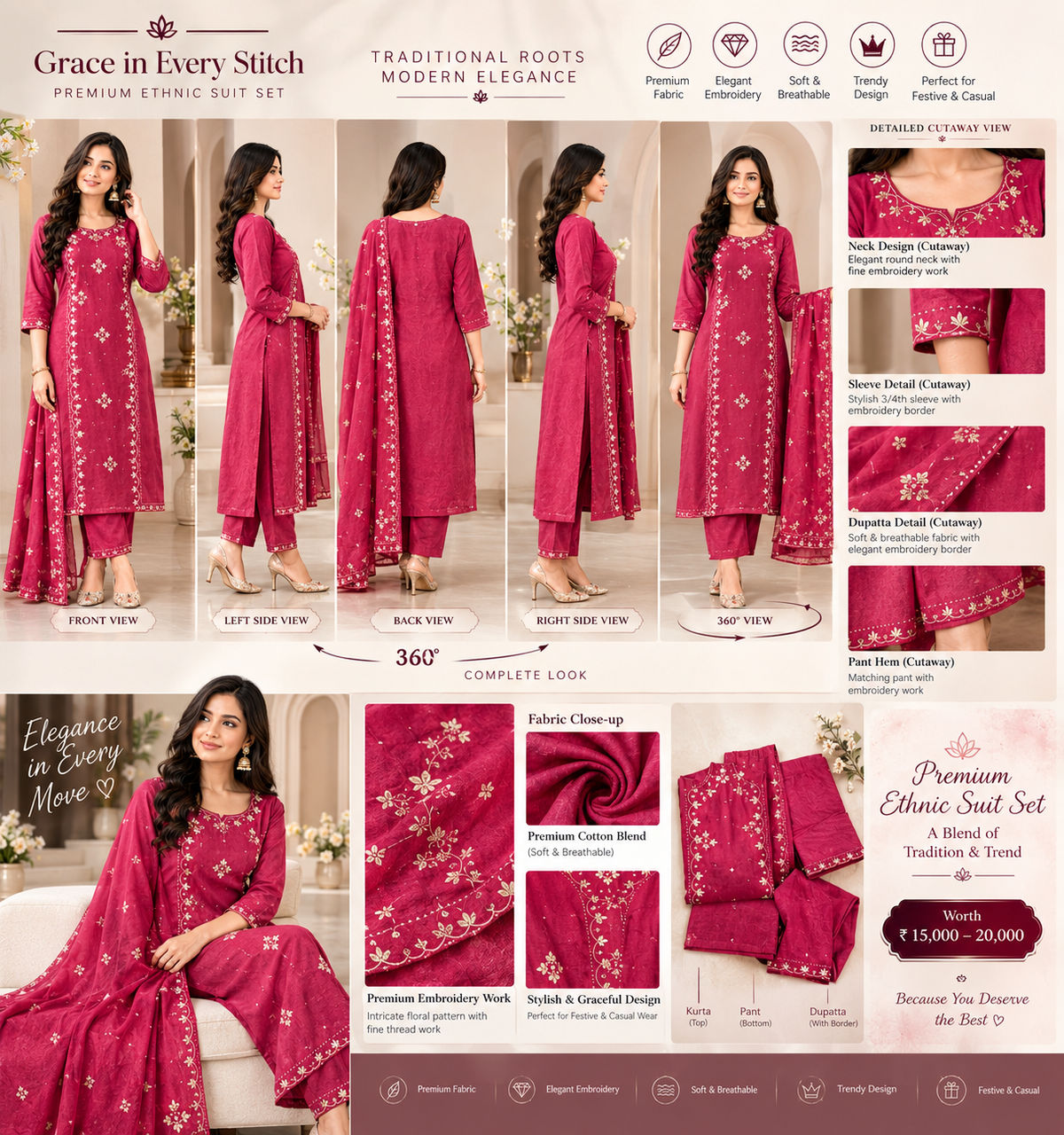 Luxury Rani Pink Embroidered Suit Set for Women | Elegant 3-Piece Ethnic Wear with Designer Dupatta | Premium Festive & Party Wear