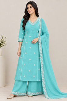 ManPanchi Turquoise Blue Embroidered Kurta Palazzo Suit Set with Dupatta