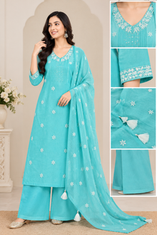 ManPanchi Turquoise Blue Embroidered Kurta Palazzo Suit Set with Dupatta