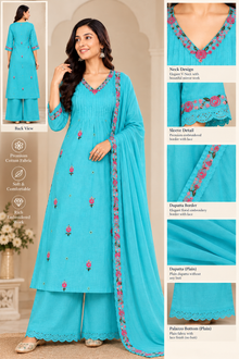 ManPanchi Premium Turquoise Blue Floral Embroidered Kurti Palazzo Suit with Dupatta