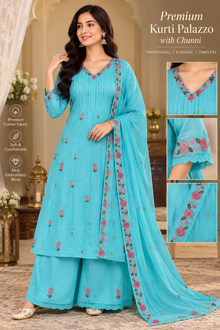 ManPanchi Premium Turquoise Blue Floral Embroidered Kurti Palazzo Suit with Dupatta