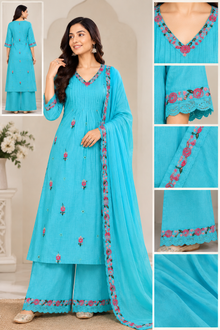 ManPanchi Premium Turquoise Blue Floral Embroidered Kurti Palazzo Suit with Dupatta