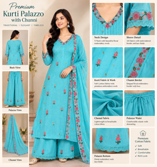 ManPanchi Premium Turquoise Blue Floral Embroidered Kurti Palazzo Suit with Dupatta